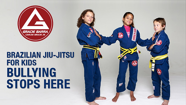 Three children. Text reads "Brazilian Jiu-Jitsu for kids. Bullying stops here"