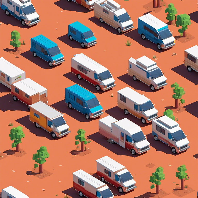 A multitude of small identical pixelated camper trailers and pickup trucks parked in a gri