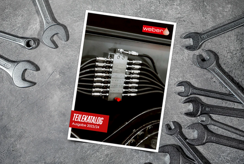 Unser Weber Zentralschmiertechnik Teilekatalog für Pumpen, Verteiler, Pumpenelemente, Winkel, Halter, Rohre, Leitungen, Steuerungen, Schrauben und Schutzteile