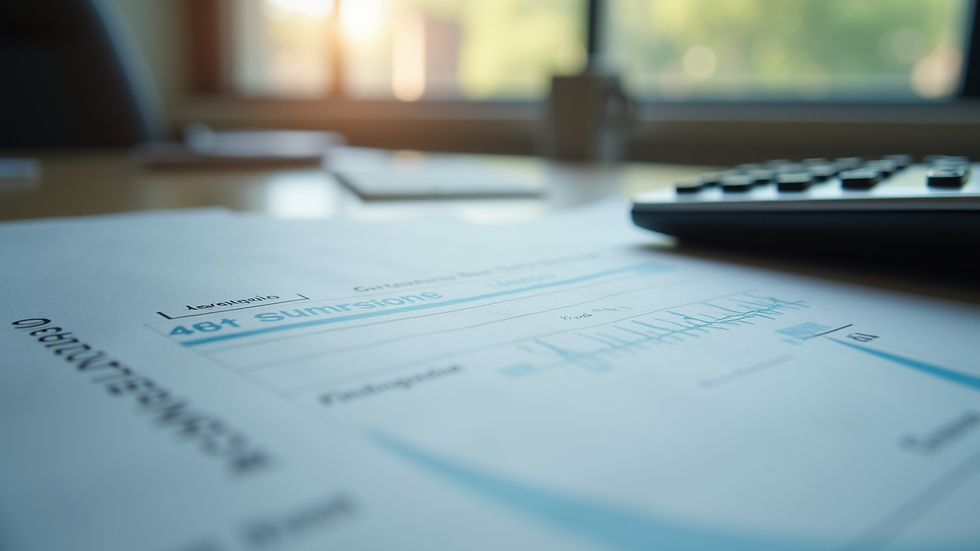 Eye-level view of office desk with accounting documents and calculator