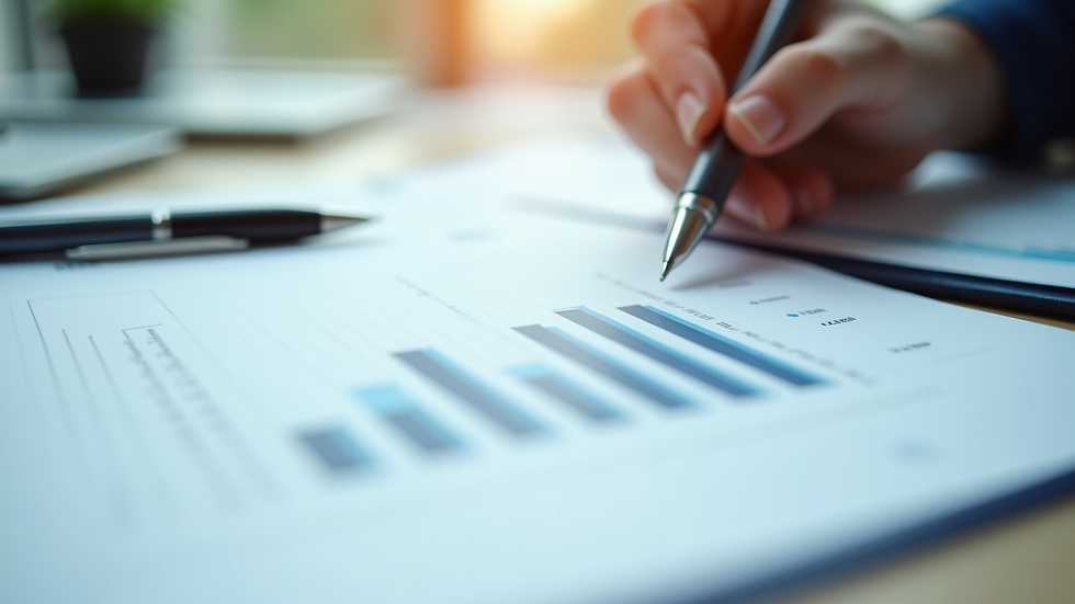 Close-up view of financial report with charts and pen on table