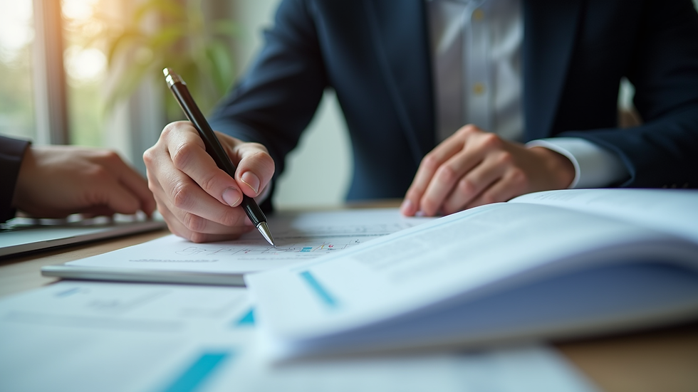Eye-level view of a professional consultant explaining documents to a client