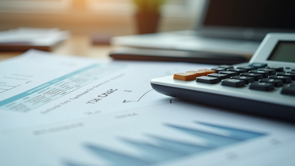 Close-up view of a calculator and tax documents on a desk