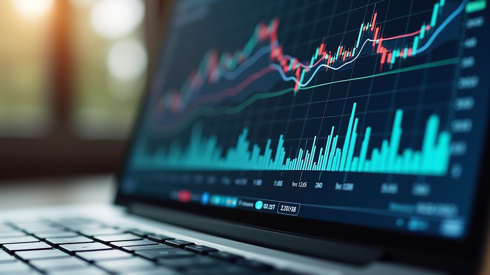 Eye-level view of a laptop screen showing financial graphs and charts