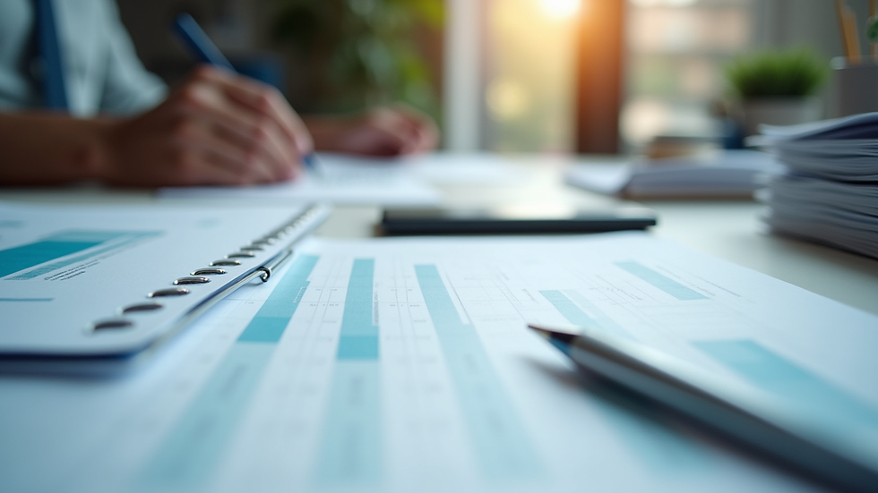 Eye-level view of organized financial documents on a desk