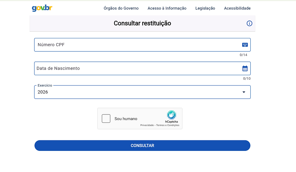 Tela de consulta de restituição do Imposto de Renda no site da Receita Federal, com campos para CPF, data de nascimento e ano de exercício.