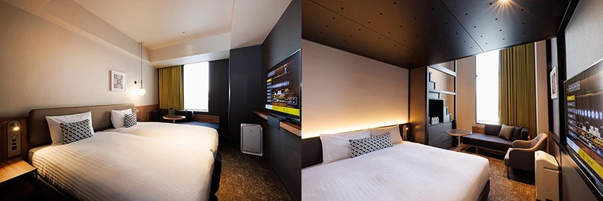 兩間現代飯店客房,各有雙人床、沙發、黃色窗簾和牆上電視,燈光柔和,氛圍舒適雅緻