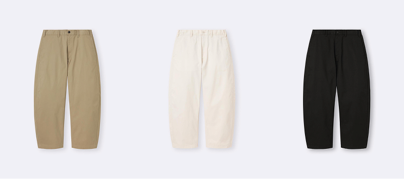三條褲子並排展示,左側是卡其色,中間是米白色,右側是黑色。背景為淺灰色,整體簡約明朗