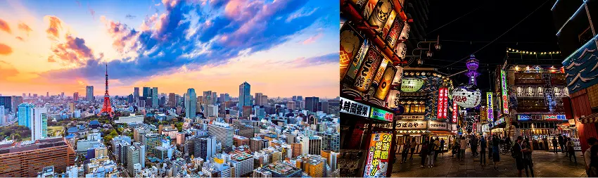 左側為日落時分的都市全景,包括東京塔;右側為繁華夜市,充滿彩色霓虹燈和行人,氣氛熱鬧