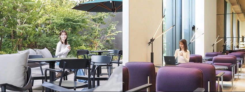 一名女子坐在戶外咖啡廳,手持飲品,背景為綠樹;另一張她在室內現代咖啡廳,前面有筆記型電腦,環境舒適