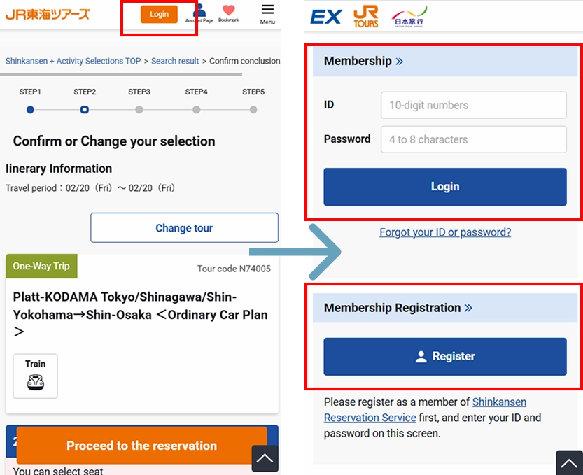 兩張截圖並排列,左側為JR東海網頁預訂流程,右側為會員登入及註冊介面。紅框標註重要按鈕