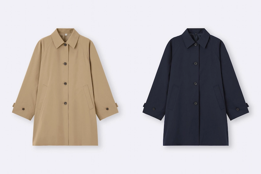 兩件大衣並排展示,一件為卡其色,另一件為深藍色。背景為簡約的白色,各有連結和口袋設計,風格簡約