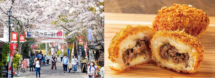 櫻花盛開的街道上,人們悠閒漫步。旁邊木板上放著金黃炸牛肉餡餅,氣氛溫馨又充滿活力