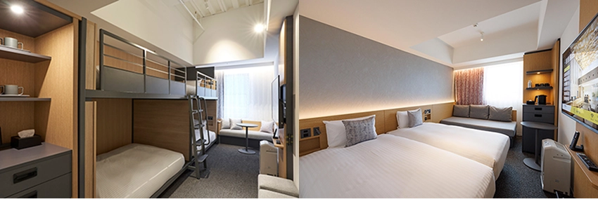 左側是有雙層床和工作區的現代房間,右側是有兩張床和簡約裝飾的明亮房間,均有柔和燈光和整潔擺設