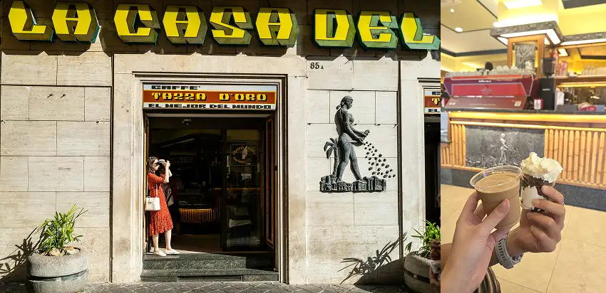 咖啡館「LA CASA DEL」外景與內景拼圖:門口女子拍照,右側手持咖啡與甜點,暖色燈光下氛圍愜意