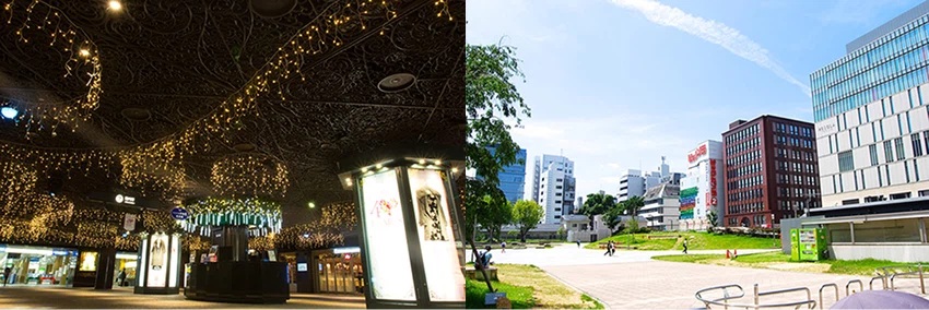 左側是閃爍燈飾的夜間室內場景,右側是綠地環繞的城市日間背景,高樓林立,天氣晴朗,兩種氛圍對比鮮明