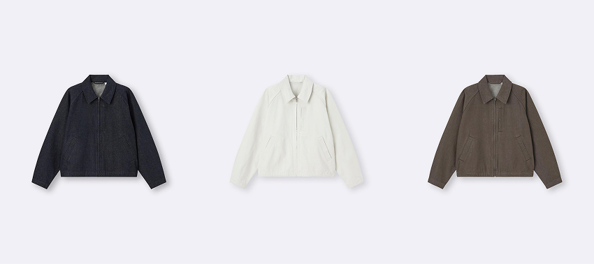 三件夾克排成一排,顏色分別為黑色、白色和棕色,背景為淺灰色。每件夾克設計簡潔、無圖案