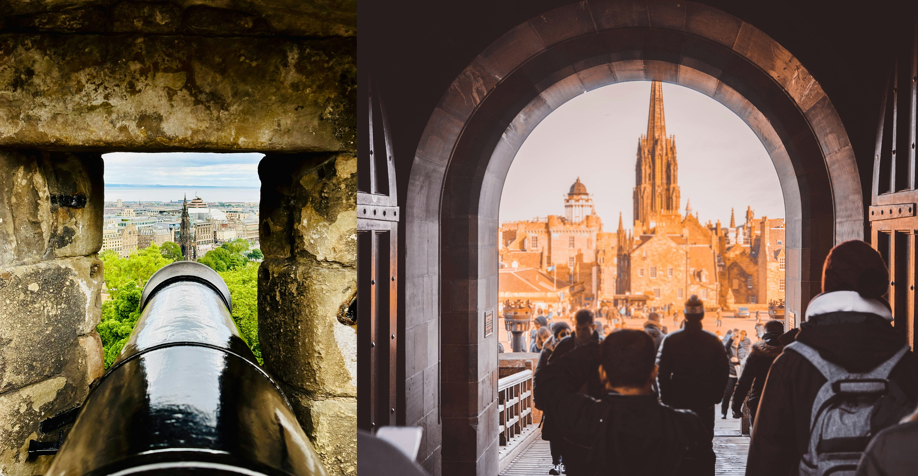 黑色的大砲朝著愛丁堡市區，愛丁堡城堡入口有許多人往外走