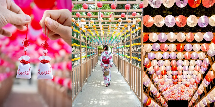 兩隻手捧著寫有「love」的小飾品,中間一身和服女子走在五彩燈籠走廊裡,燈籠色彩鮮豔而明亮,氛圍祥和