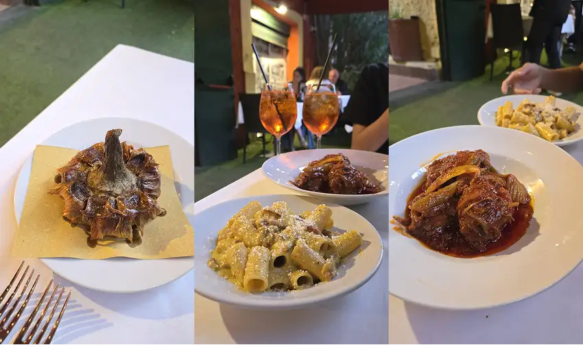 戶外餐桌上的拼圖式美食照片:多盤意麵與肉菜,旁邊有橙色雞尾酒和白酒杯,夜晚餐廳氛圍輕鬆愜意