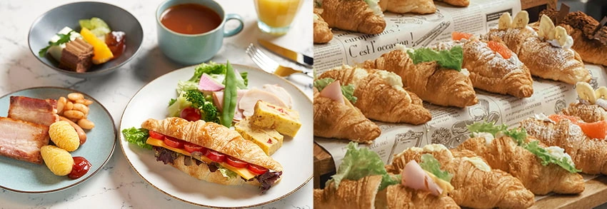 左側餐盤上有可頌、培根、雞蛋,配色豐富;右側是擺放整齊的多種口味可頌。背景有柳橙汁和咖啡,溫馨美味