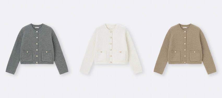 三件針織開襟衫並排擺放,顏色分別為灰色、白色和米色。每件都有兩個口袋和紐帶,背景為淡紫色
