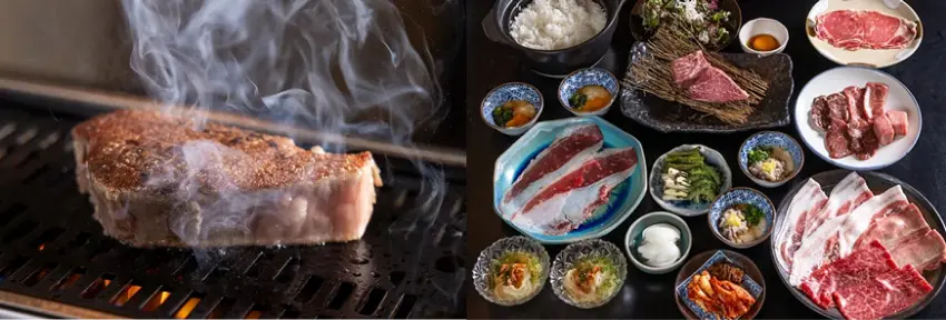 左側牛排在烤架上冒煙,右側黑色餐桌上擺滿各式生肉、和牛、配菜與小碟蘸料,呈現豐盛的燒烤餐席