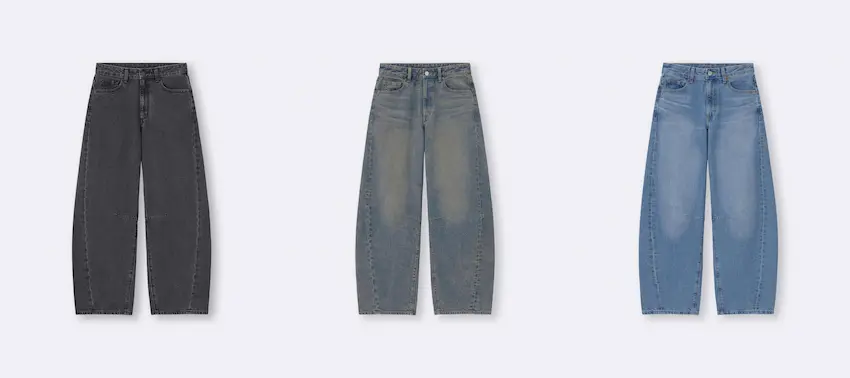 三條不同顏色的直筒牛仔褲在白色背景上展示,分別為深灰色、灰色和淺藍色。整體風格簡約時尚