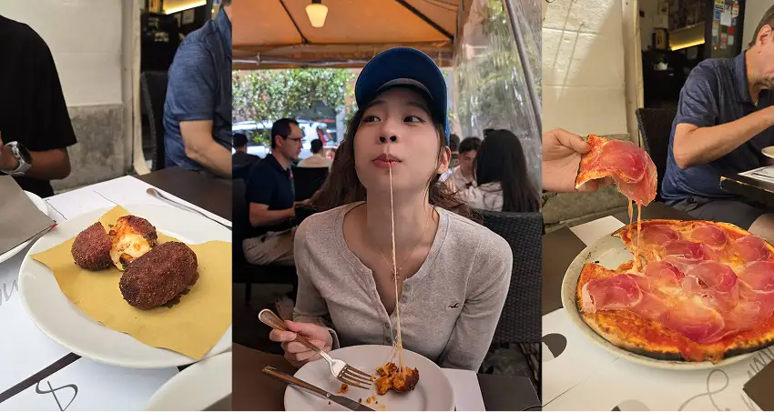 三聯餐廳拼圖:左側白盤上有炸物與醬汁,中間戴藍帽女子在戶外餐桌前拉起長長的芝士絲,右側有人拿起火腿披薩,氛圍輕鬆愉快