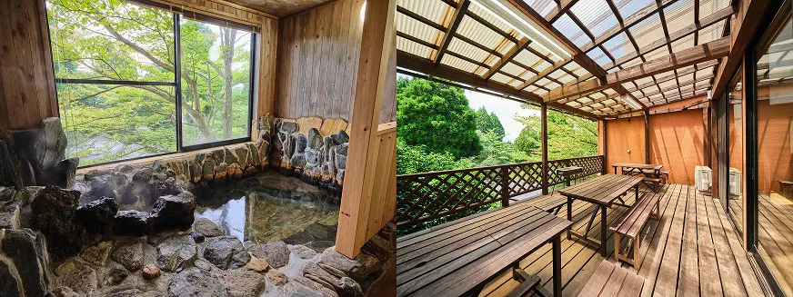 左側是木質牆壁和大窗戶的室內溫泉,背景有綠色植物。右側為露天木製陽台,配有長桌和長椅,周圍有綠色植被