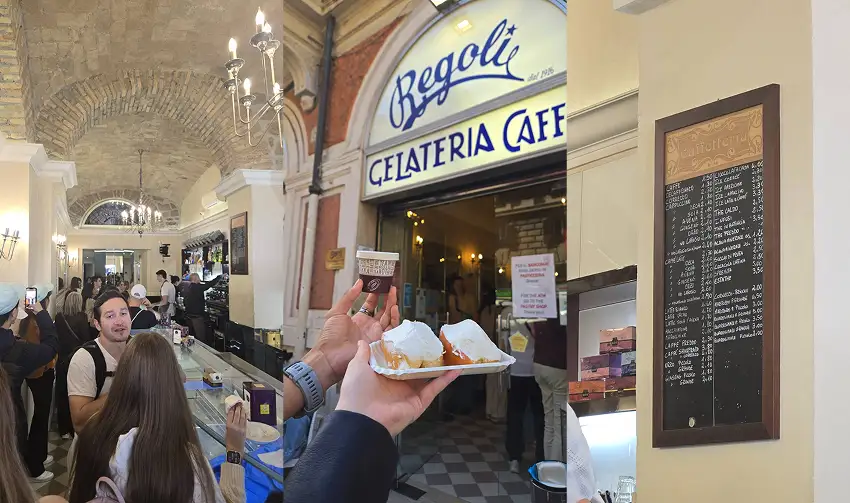 義大利生乳包店內外拼圖:手舉紙杯和甜品,店招寫著 Regoli Gelateria Caffè,旁邊黑板菜單,室內人多、拱頂明亮,氛圍熱鬧