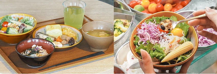 托盤上放有日式餐點,包括沙拉、米飯、煎蛋、湯,背景為輕鬆用餐環境。手拿碗中有色彩豐富的蔬菜沙拉