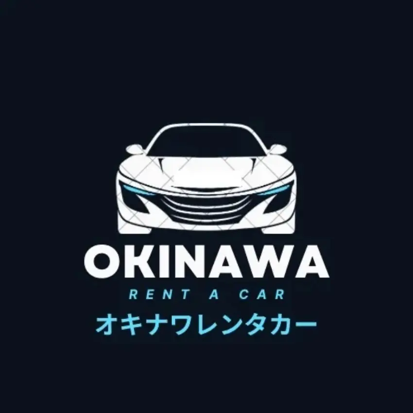 深色背景上的沖繩租車標誌,白色跑車正面圖案,下方寫有 OKINAWA RENT A CAR 和日文オキナワレンタカー,簡潔現代