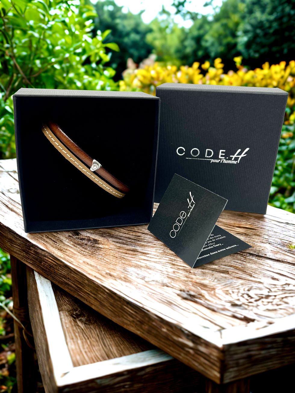 Miniature : bracelet cuir homme marron et cognac artisanal fait main dans sa boite cadeau