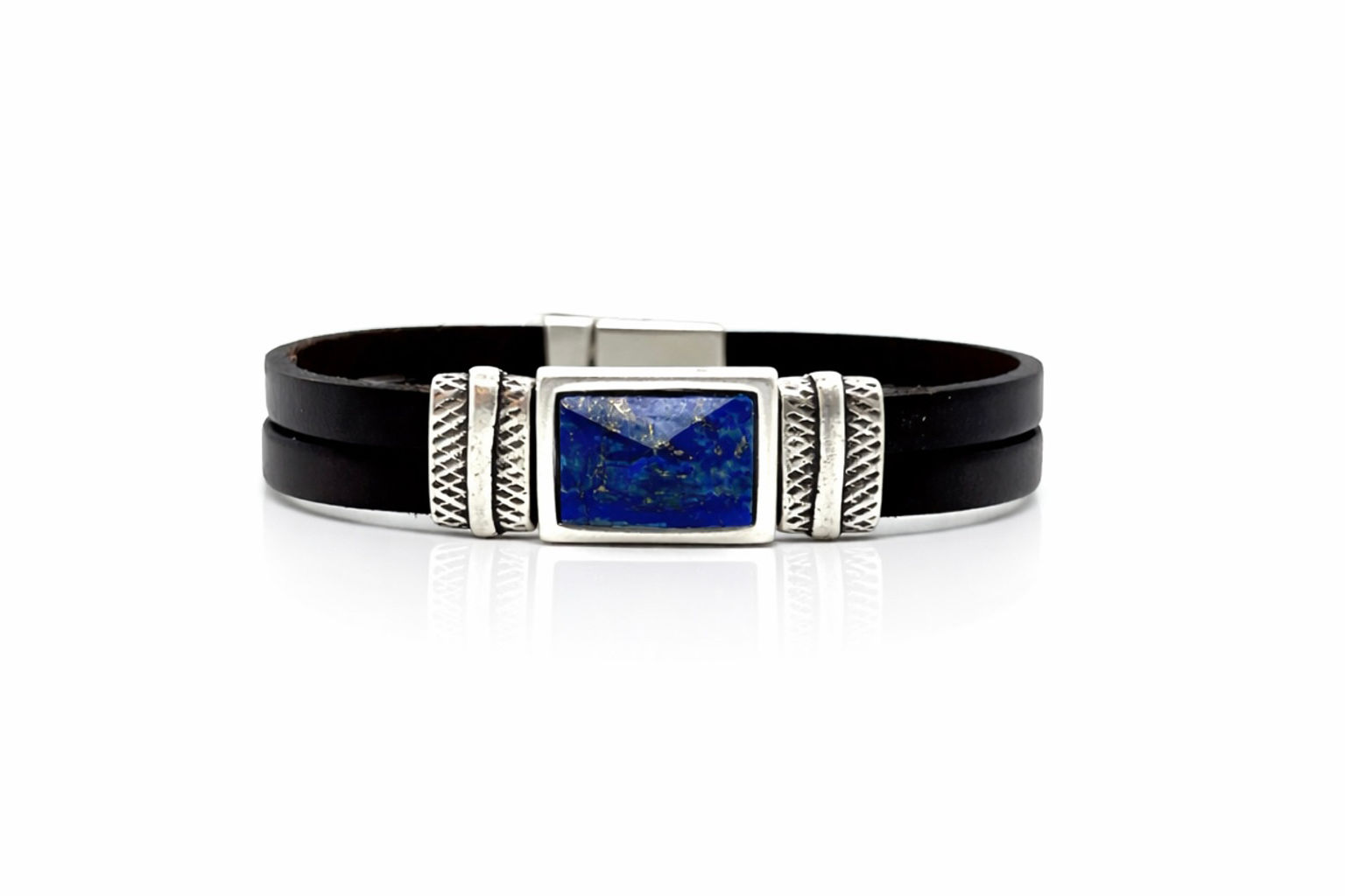bracelet pierre rectangulaire à facettes lapis lazuli homme en cuir noir fait main idée cadeau