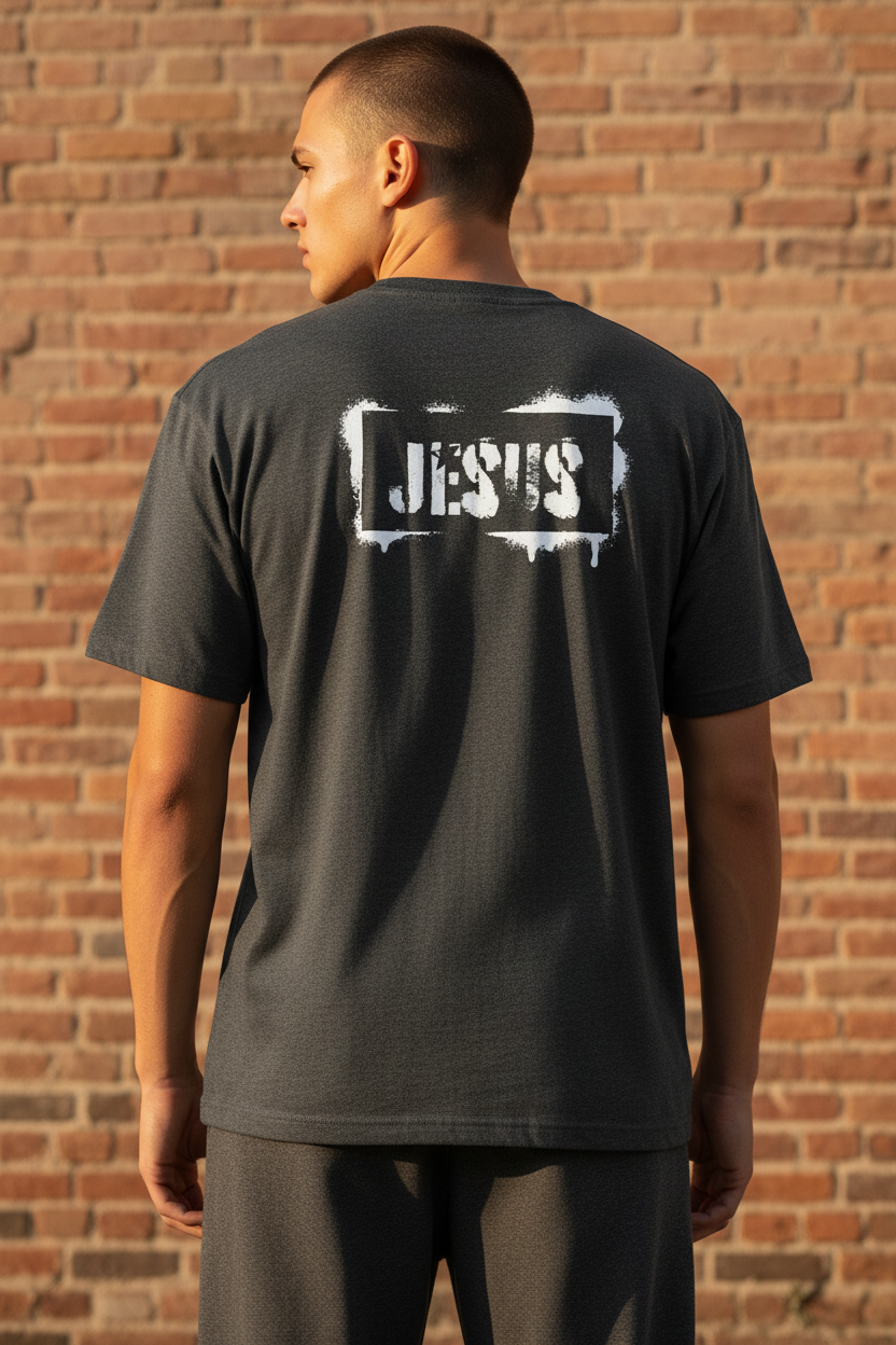 Close-up view of a hoodie with a bold faith-inspired graphic design
