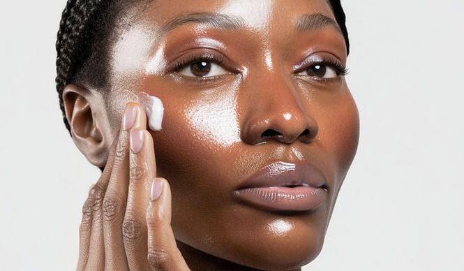 African woman with glowing skin applying skincare cream to her cheek, studio lighting, close-up beauty portrait, soft shadows, clean minimal white background, realistic texture, no product labels, skincare photography style