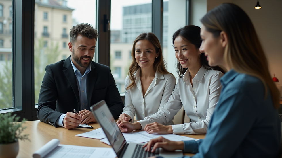 High angle view of real estate agents using technology for collaboration