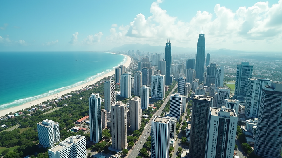 High angle view of Panama City skyline with modern buildings and the ocean