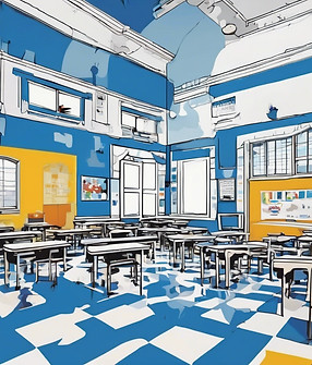 place of education, use only blue and wh