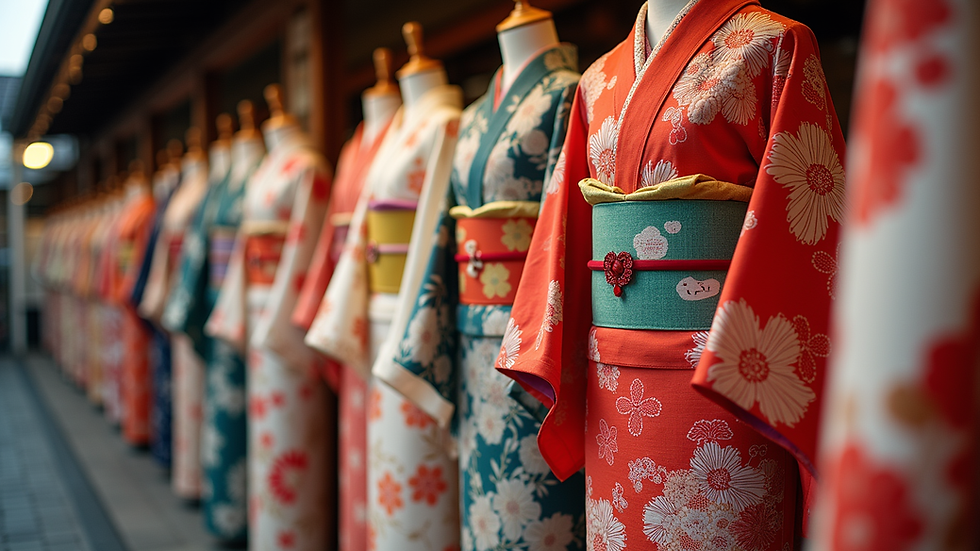 Eye-level view of traditional Okinawan kimono displayed in a rental shop