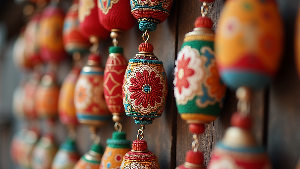 Close-up view of colorful traditional Okinawan accessories on display