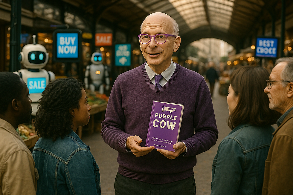 Seth Godin, imagined by ChatGPT, uses his book Purple Cow to remind us to be authentic and vulnerable