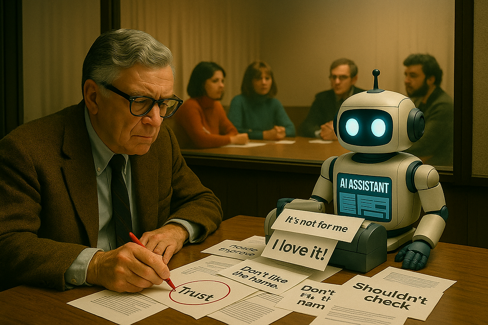 David Aaker, imagined by ChatGPT, sits next to a focus group and weighs up the uses of AI.