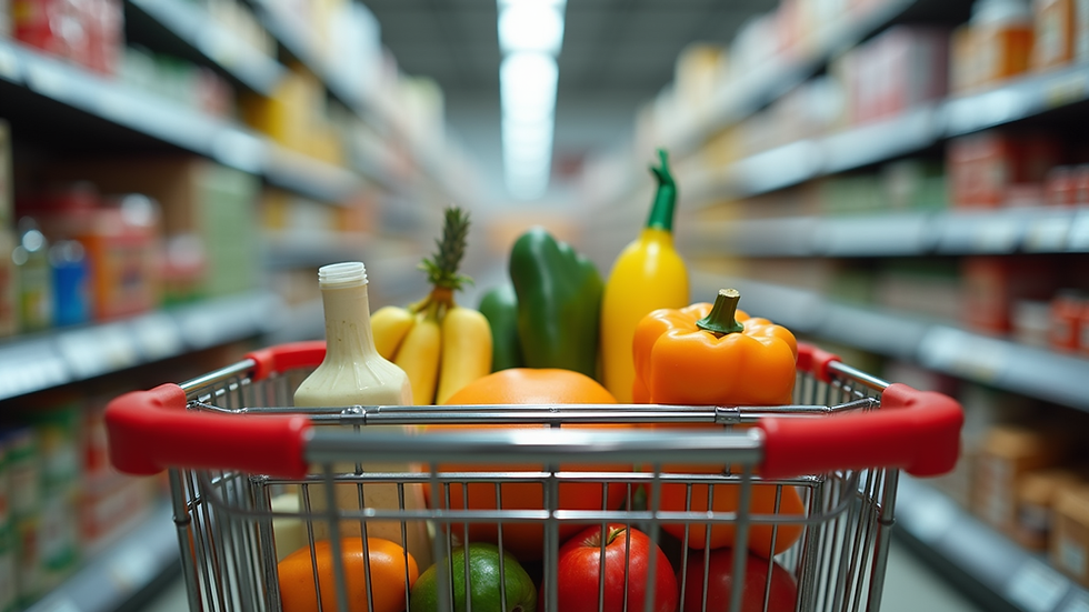 Eye-level view of a shopping cart filled with groceries