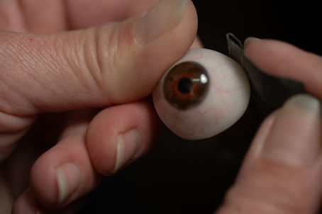 Anaplastologist meticulously polishes an artificial eye prosthesis, ensuring a perfect fit