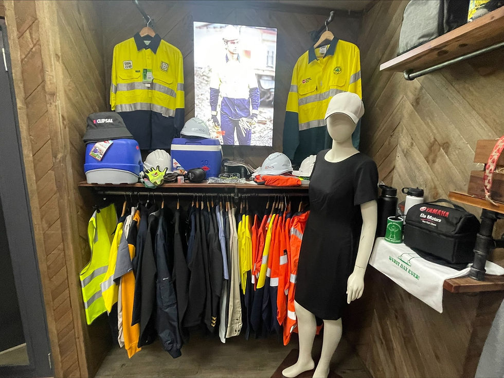 Eye-level view of a clothing rack with various work uniforms hanging neatly