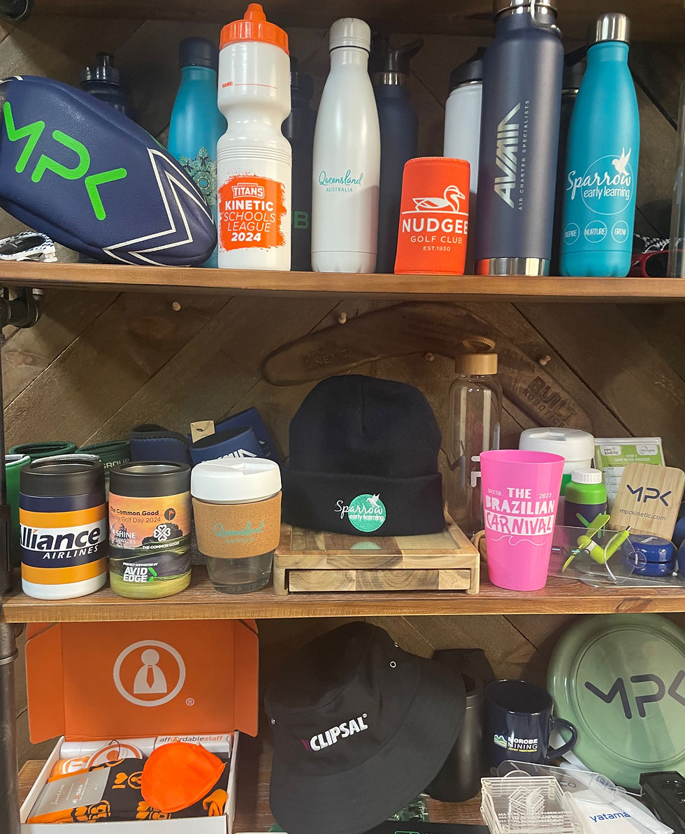 Promotional products sitting on a set of timber shelves.