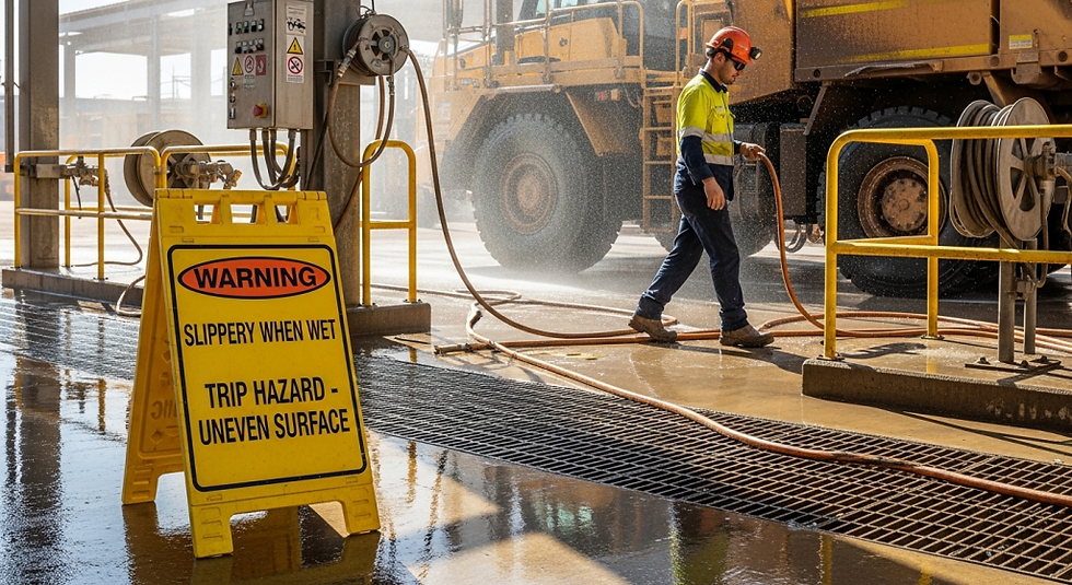 Worker operating near wet surface with warning sign and heavy vehicle showing workplace hazard management and site safety systems
