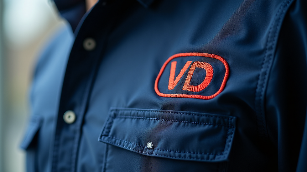 Close-up view of embroidered logo on a high-quality work shirt